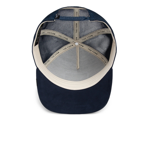 Flat lay of the navy Goorin Bros The Suede Goat trucker hat, showcasing its classic shape and goat graphic patch detail.
