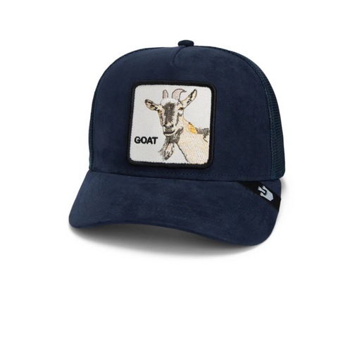 Side angle of the navy Goorin Bros The Suede Goat cap, showing the breathable mesh back and curved bill.