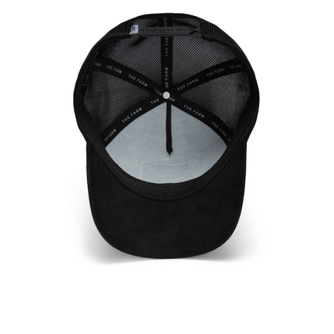 Flat lay of the Goorin Bros black "The Suede Skull" hat neatly arranged to showcase its overall shape, patch detail, and material contrast.