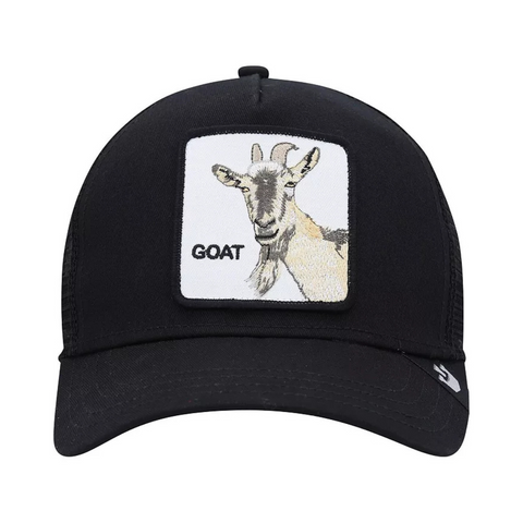 Front view of the Goorin Bros Undisputed GOAT trucker hat in black, featuring a bold embroidered GOAT patch on the front panel.