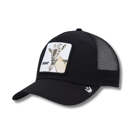 Side angle of the black Goorin Bros Undisputed GOAT hat, showing its curved brim, mesh back, and structured profile.