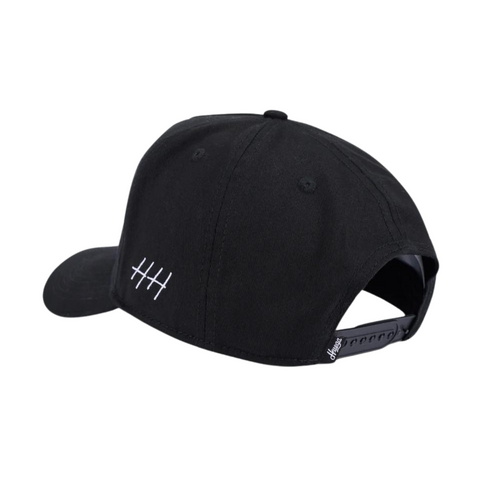 Back view of Huega House Legacy Hat in Black with adjustable strap and buckle closure for a secure, custom fit