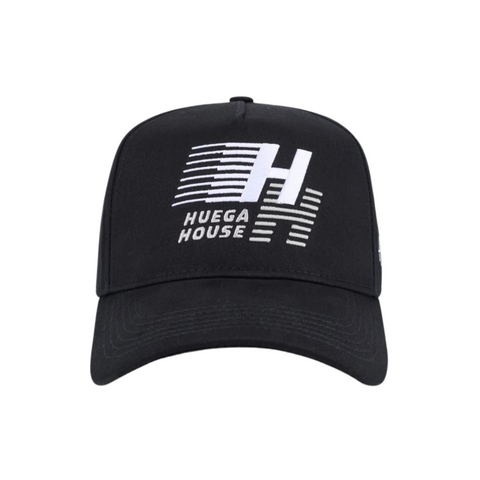 Front view of Huega House Legacy Hat in Black featuring classic embroidered "Huega House Legacy" text on a structured crown with a curved brim