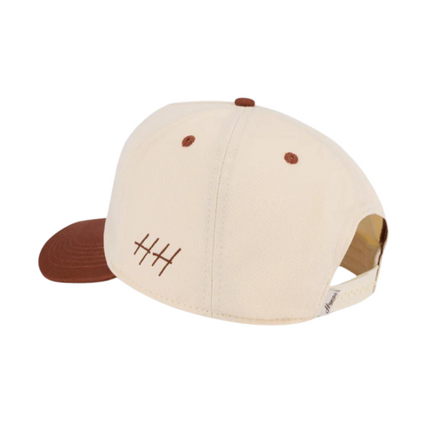 Back view of Huega House Legacy Hat in Rust with adjustable strap and metal clasp closure for a custom fit