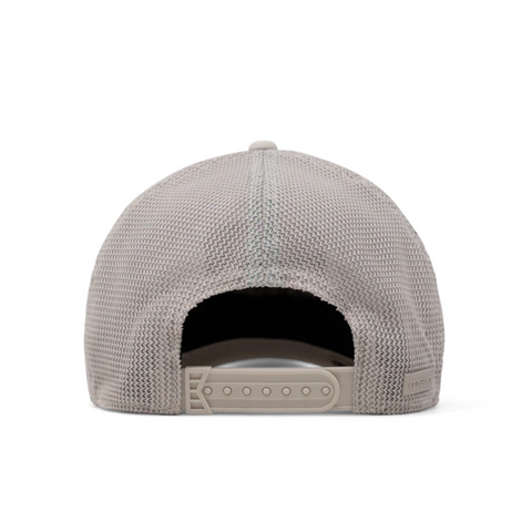 Back view of Melin Odysea Mac Retro Hydro Hat in Moon with adjustable snap closure and laser-perforated mesh for breathability