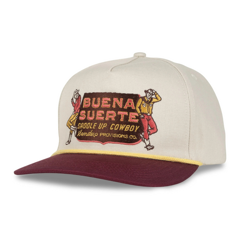 Side view of Sendero Buena Suerte Hat in cream/maroon showing contrast brim, breathable mesh back, and relaxed fit