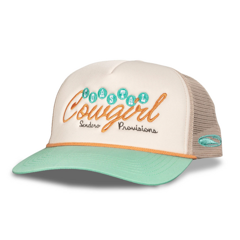 Angled front view of Sendero Coastal Cowgirl Hat in cream and teal with wide brim and woven texture – Topit