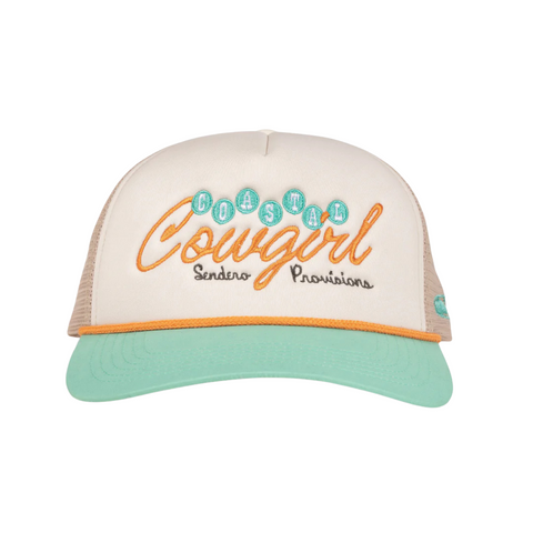 Front view of Sendero Coastal Cowgirl Hat in cream and teal with woven crown and teal band – Topit