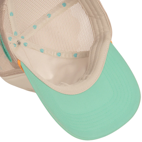 Underside view of Coastal Cowgirl Hat showing sweatband and hat brim detail in cream and teal – Topit
