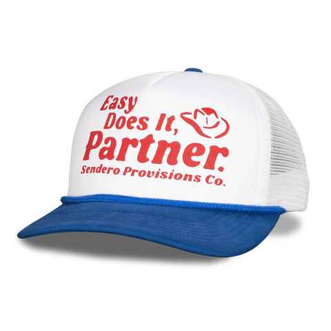 Side view of Sendero Easy Does It Hat in White/Red showing breathable red mesh back panel and classic trucker silhouette