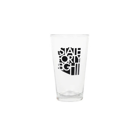 Front view of State Forty Eight Pint Glass in clear glass with black classic State Forty Eight logo printed on the front