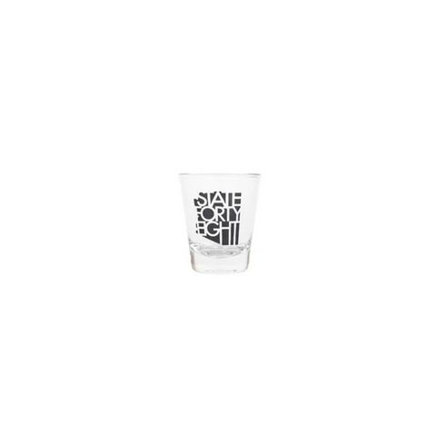 Front view of State Forty Eight Shot Glass in clear glass with black classic logo printed on the front