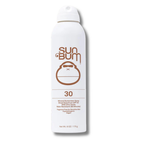 Front view of Sun Bum Mineral SPF 30 Sunscreen Spray bottle featuring natural beige packaging and SPF label