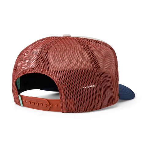 Back view of Vissla Garage Foam Trucker Hat in Red with an adjustable snapback closure and mesh construction for ventilation