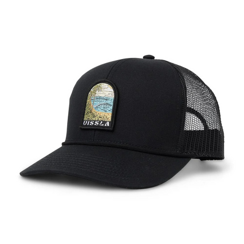 Front view of Vissla West Winds Eco Trucker Hat in Phantom featuring an embroidered Vissla patch on a structured crown with a curved brim