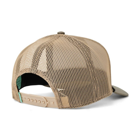 Back view of Vissla West Winds Eco Trucker Hat in Surplus with adjustable snapback closure and eco-friendly mesh construction