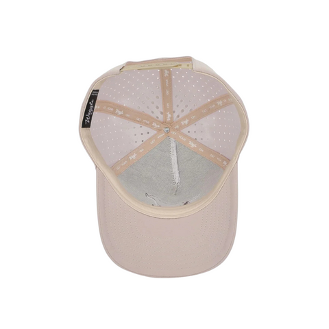 Flat lay of Waggle Bird Dog Hat highlighting the embroidered dog-and-golf-flag design, curved visor, and performance fabric construction