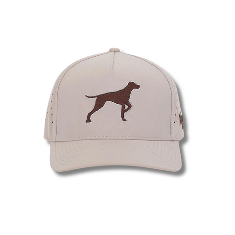 Front view of Waggle Bird Dog Hat featuring an embroidered hunting dog holding a golf flag in its mouth on a structured five-panel crown