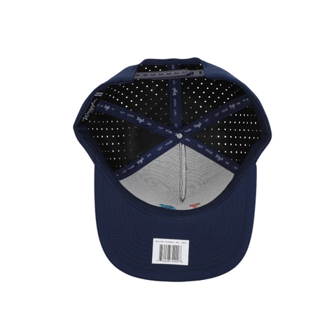 Flat lay of Waggle Feelin' Cocky Hat in Navy highlighting embroidered rooster golf graphic, structured crown, and performance mesh fabric