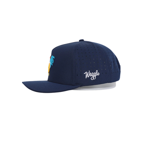 Side view of Waggle Feelin' Cocky Hat in Navy showing curved brim, mid-profile fit, and breathable perforated mesh panels