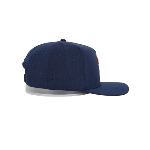 Side view of Waggle Feelin' Cocky Hat in Navy showing curved brim, mid-profile fit, and breathable perforated mesh panels