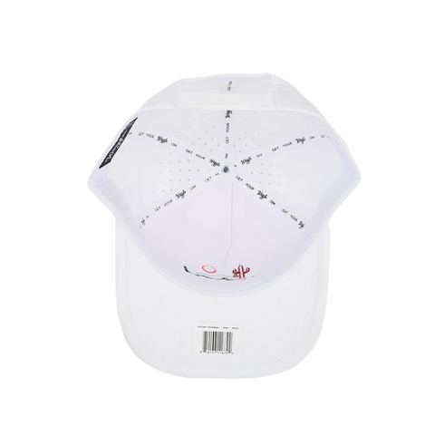 Flat lay of Waggle The Chase Hat highlighting the embroidered bear chase scene on the front and perforated mesh back